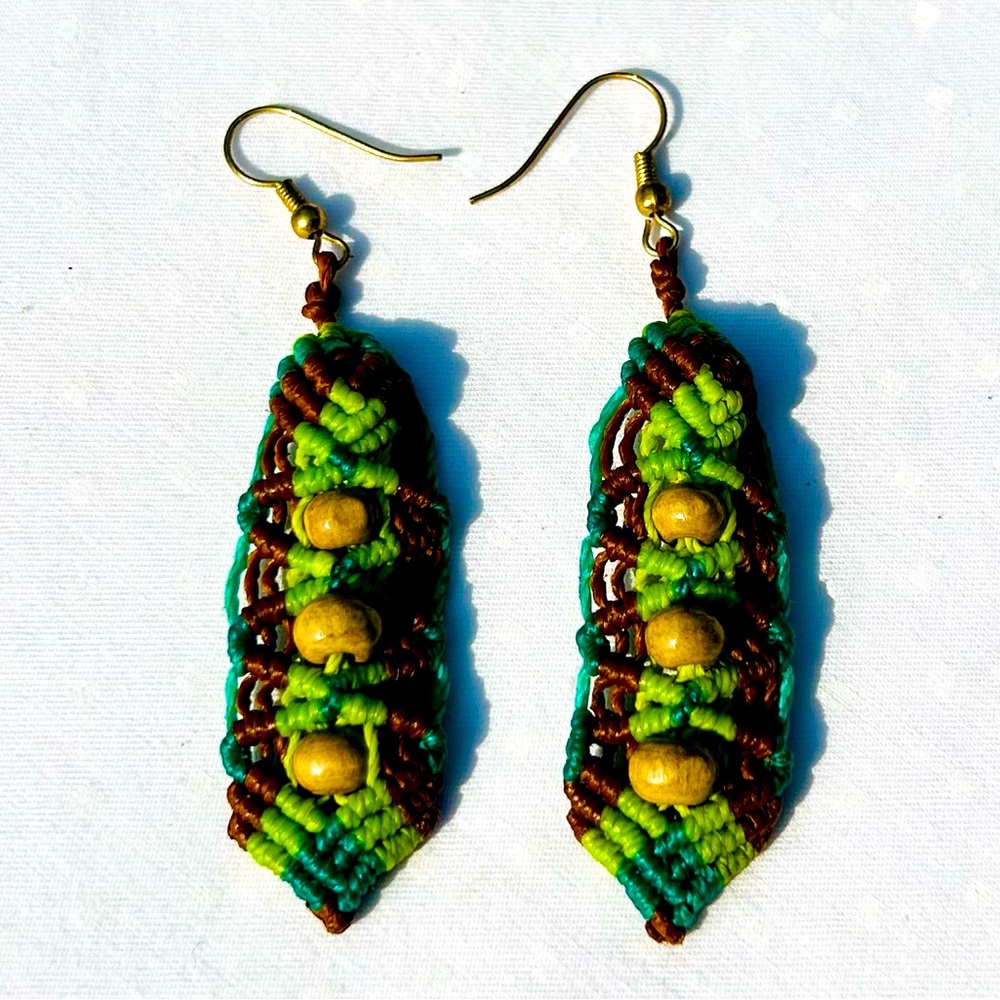 Macrame Earrings Green Wood Bead Hand Made